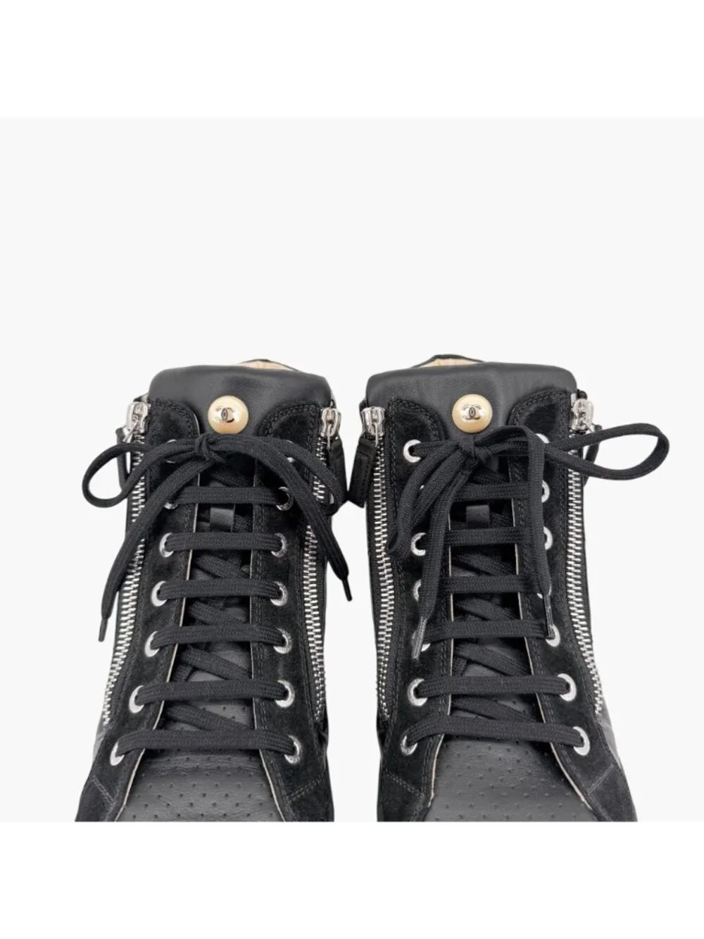 Chanel CC Pearl High Top Sneakers Black Size 38 US 7-7.5 Women's Quilted Nylon